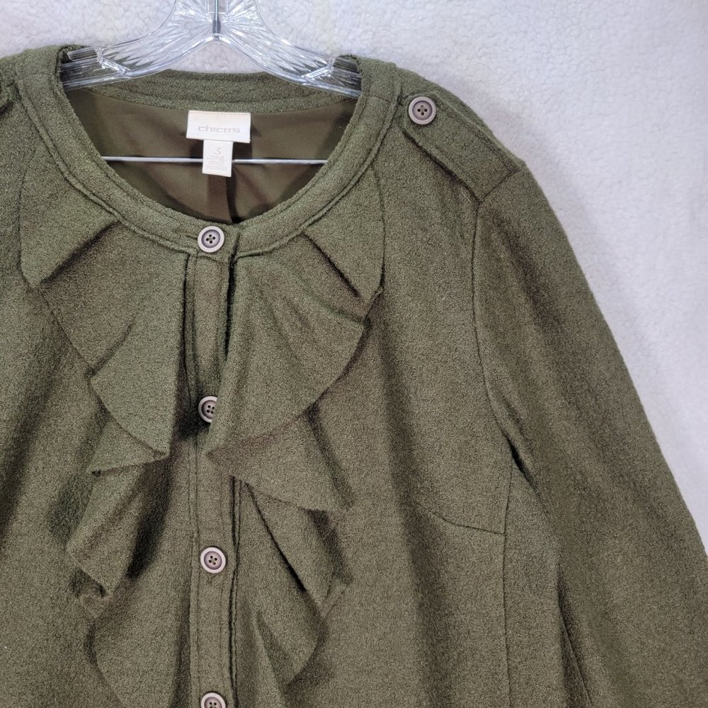 Y2K Chico's Green Wool Blend Ruffled Round Neck Button Up Maximalist Jacket Coat - Picture 3 of 15